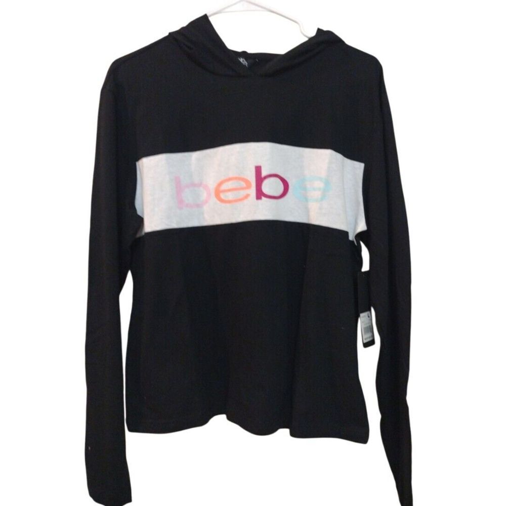 bebe Sport Hooded Tee Woman Large Black Knit Pastel Front Logo Long‎ Sleeves